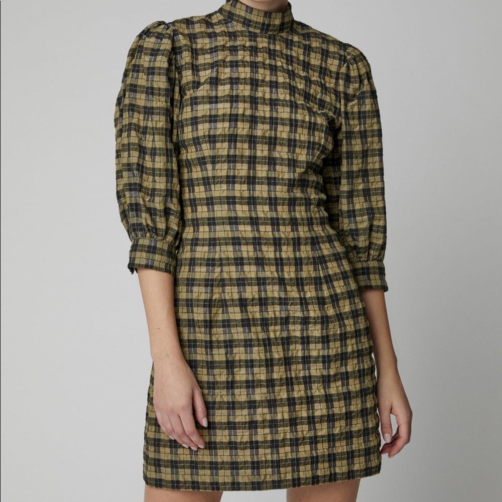 SOLD!!! Ganni Seersucker Check Gingham Green Mini Dress w/ Puff Sleeves Sz 6